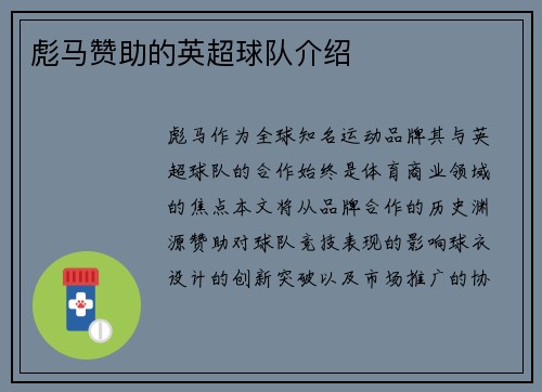 彪马赞助的英超球队介绍